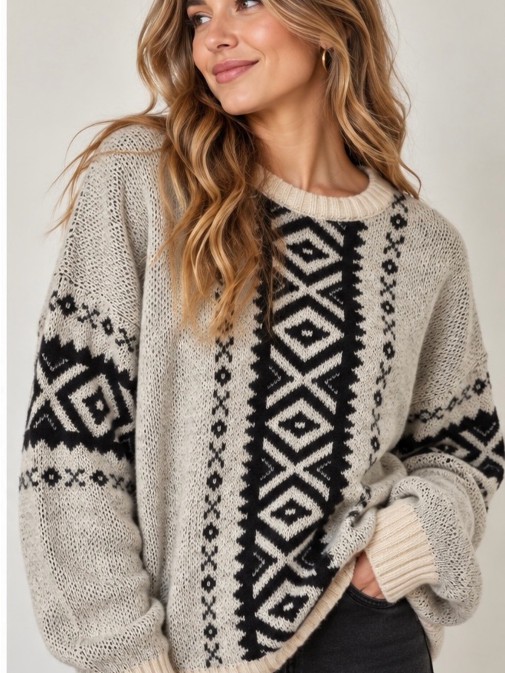 Vintage Peter Werth Geometric Knit Sweater M Cream Black Oversized